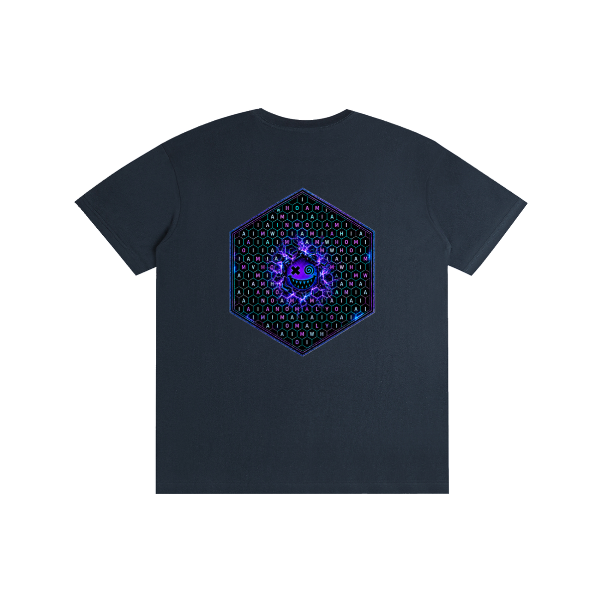 Hexagonk Anomaly Code Side Quest Graphic Tee in Dark Blue, back view