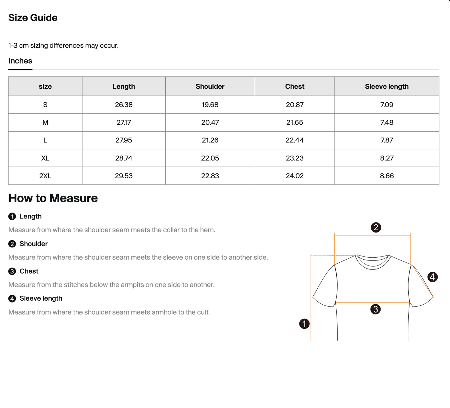 Dance to Forget Hexagonk T-shirt size guide showing chest and length measurements in inches