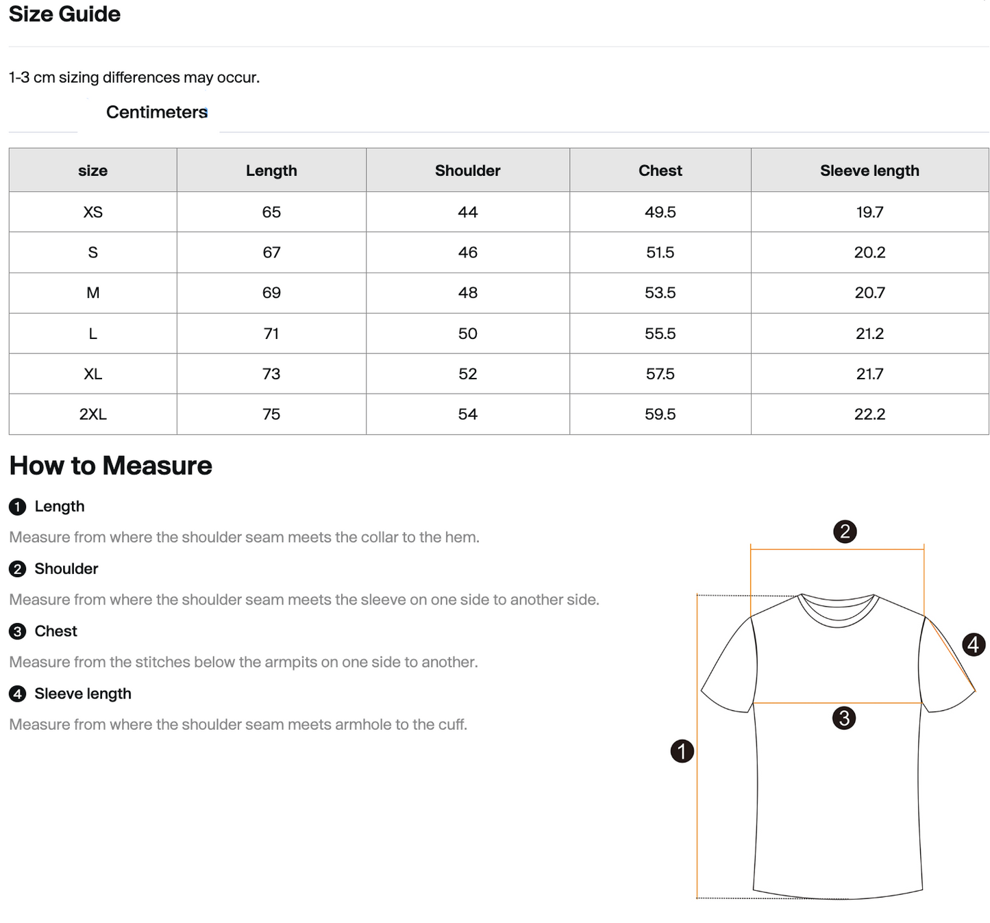 Size chart for memory chain shirt with measurements in centimeters, including a diagram of how to measure shirt dimensions.