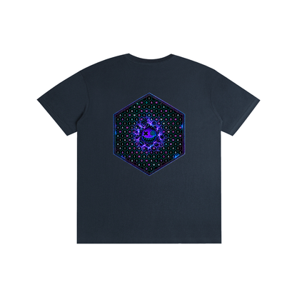 Hexagonk Anomaly Code Side Quest Graphic Tee in Dark Blue, back view