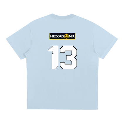 Chapter II — Overload: Number 13 Two-Sided Graphic Tee in Sky Blue, back view