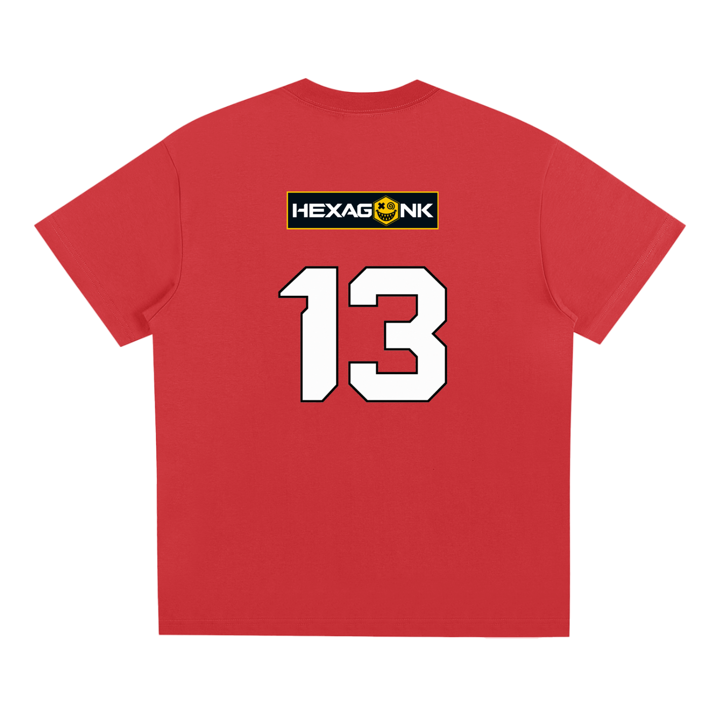Chapter II — Overload: Number 13 Two-Sided Graphic Tee in Red, back view