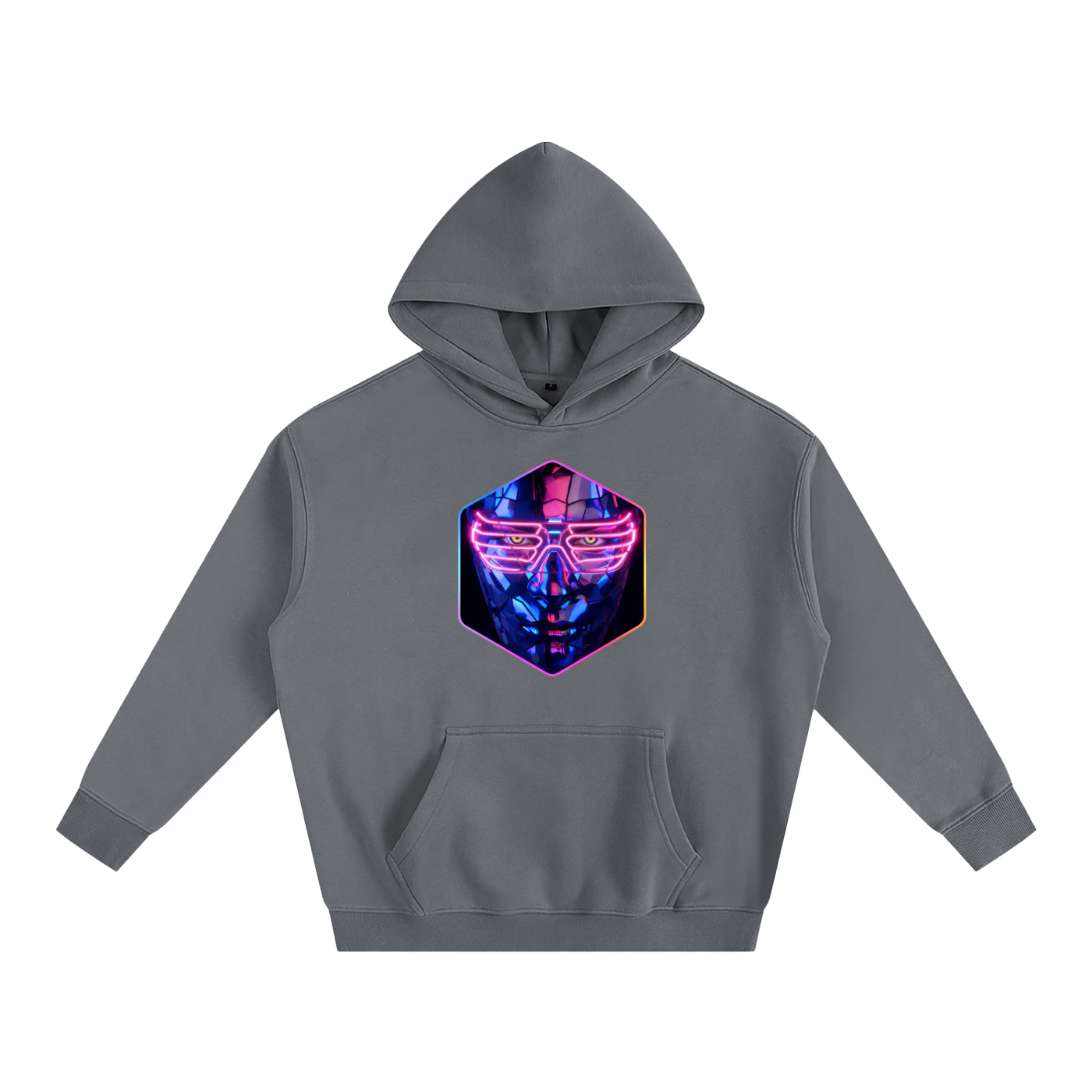Front view of the After Hours Dance To Forget gray hoodie featuring a neon fractured glass face graphic