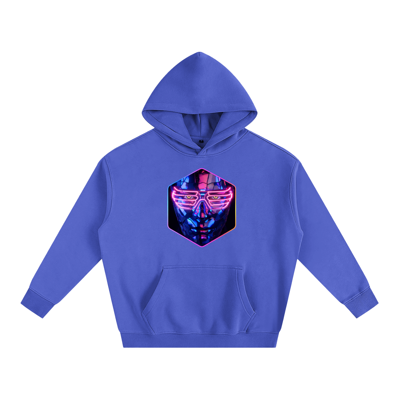 Front view of the After Hours Dance To Forget klein blue hoodie featuring a neon fractured glass face graphic