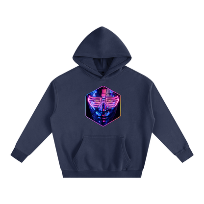 Front view of the After Hours Dance To Forget navy blue hoodie featuring a neon fractured glass face graphic