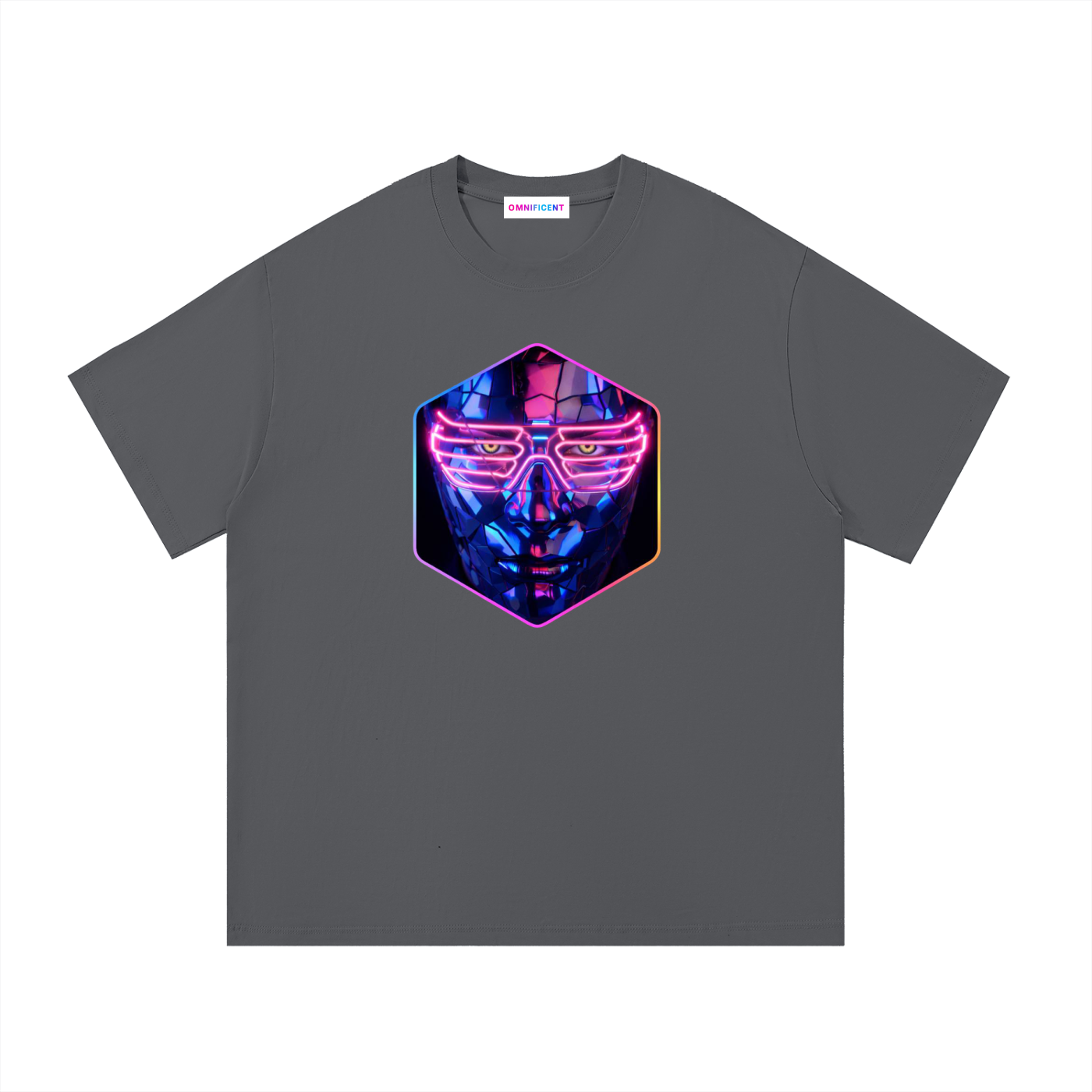 Front view of the After Hours Dance To Forget dark gray tee featuring a neon fractured glass face graphic on the chest
