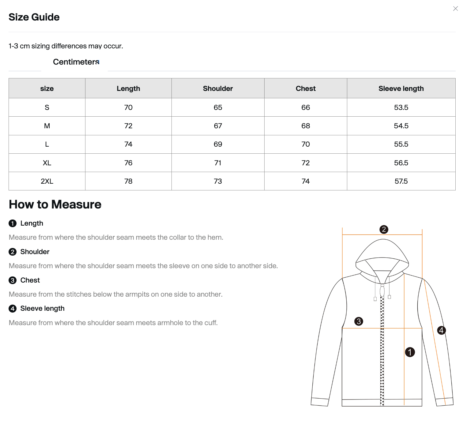 After Hours hoodie size guide in centimeters showing length, shoulder, chest, and sleeve measurements

