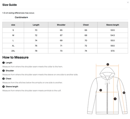 After Hours hoodie size guide in centimeters showing length, shoulder, chest, and sleeve measurements
