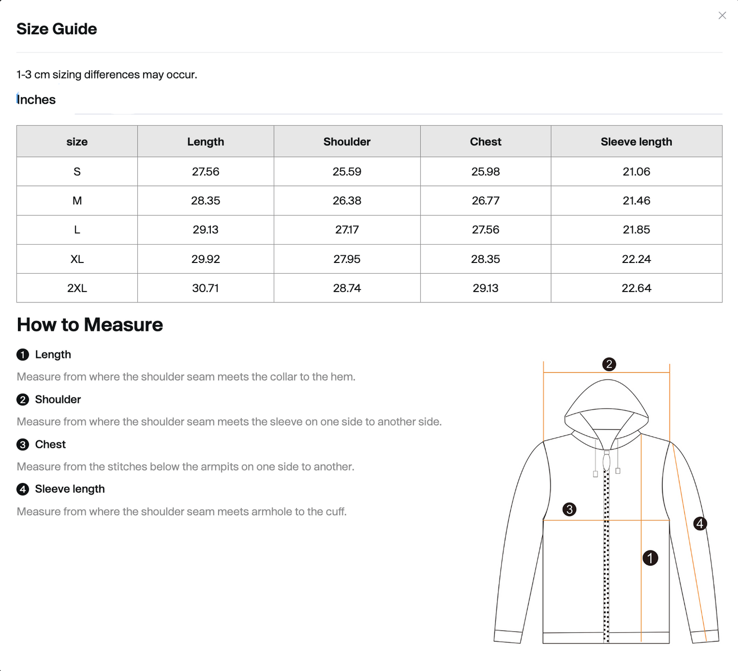 After Hours hoodie size guide in inches showing length, shoulder, chest, and sleeve measurements
