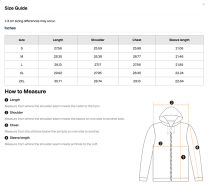 After Hours hoodie size guide in inches showing length, shoulder, chest, and sleeve measurements
