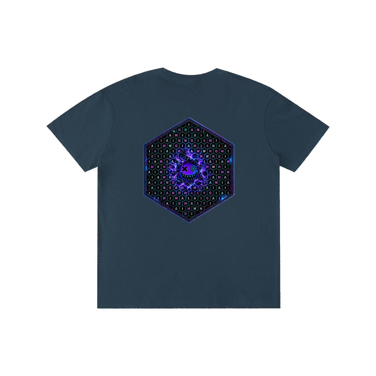 Hexagonk Anomaly Code Side Quest Graphic Tee in Navy Blue, back view