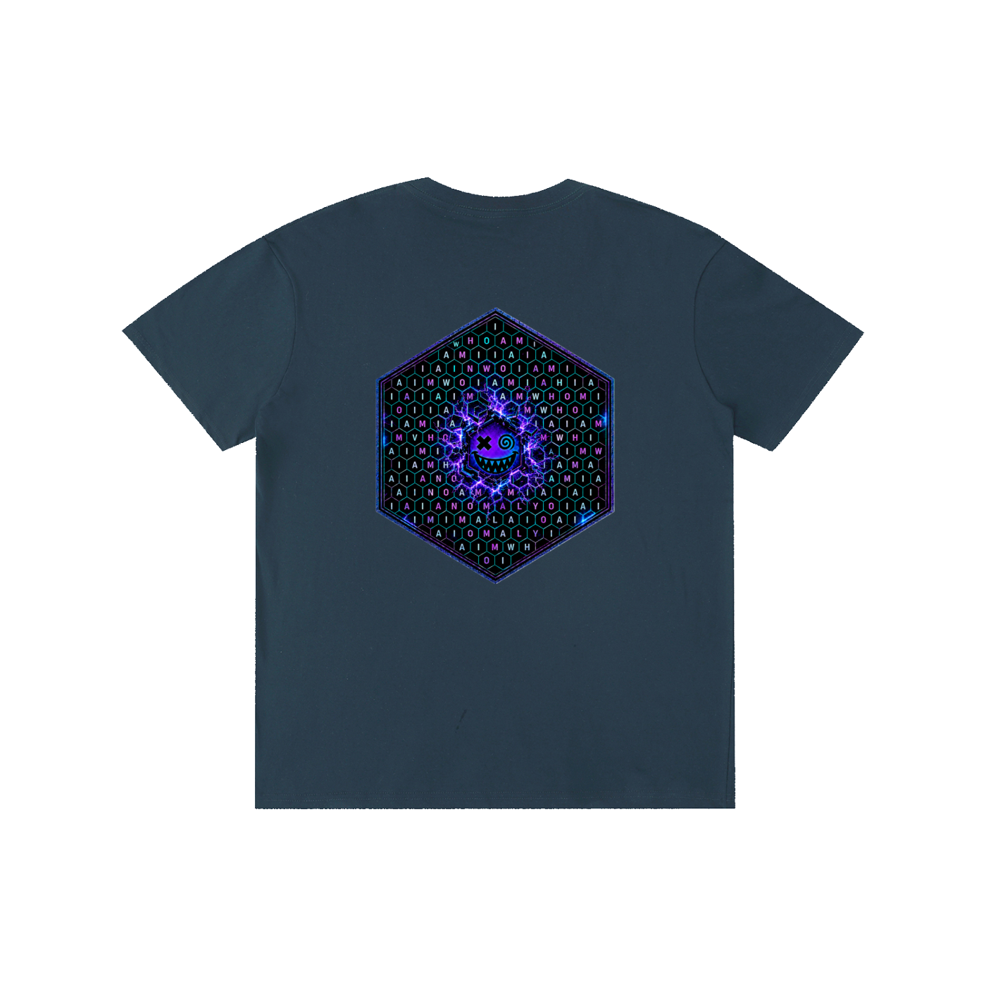 Hexagonk Anomaly Code Side Quest Graphic Tee in Navy Blue, back view