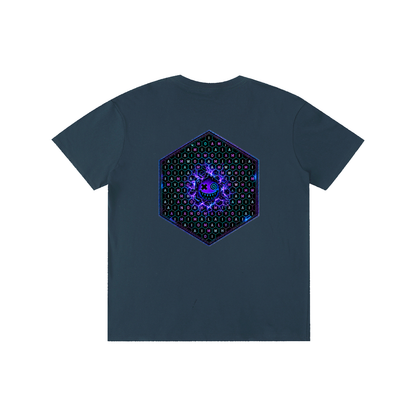 Hexagonk Anomaly Code Side Quest Graphic Tee in Navy Blue, back view