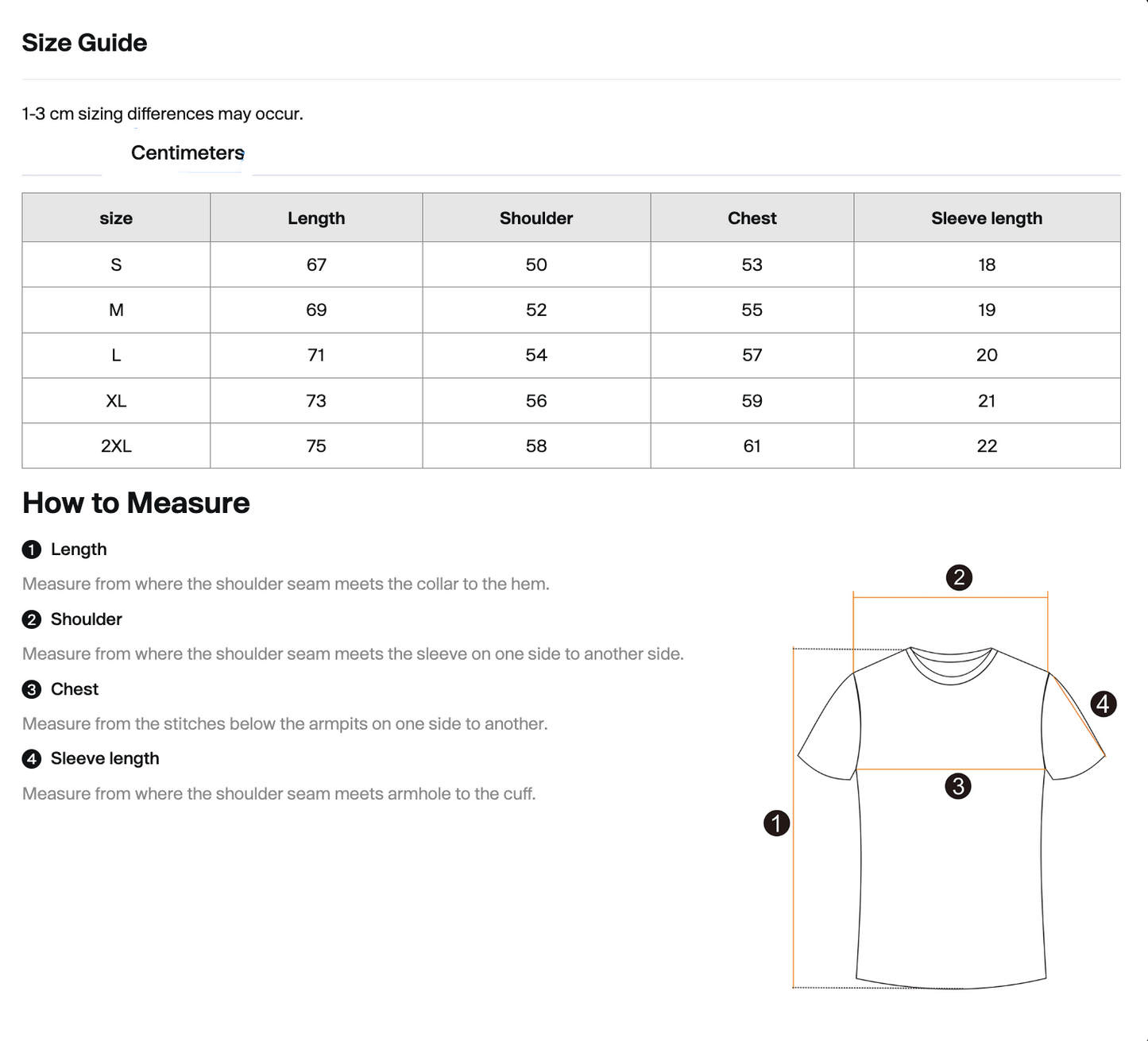 Dance to Forget Hexagonk T-shirt size guide in centimetres