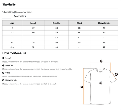 Dance to Forget Hexagonk T-shirt size guide in centimetres