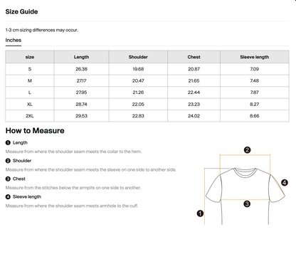 Dance to Forget Hexagonk T-shirt size guide showing chest and length measurements in inches