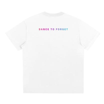 Back view of the white D2F Neon Anima (Male) T-shirt featuring the full ‘DANCE TO FORGET’ back print.