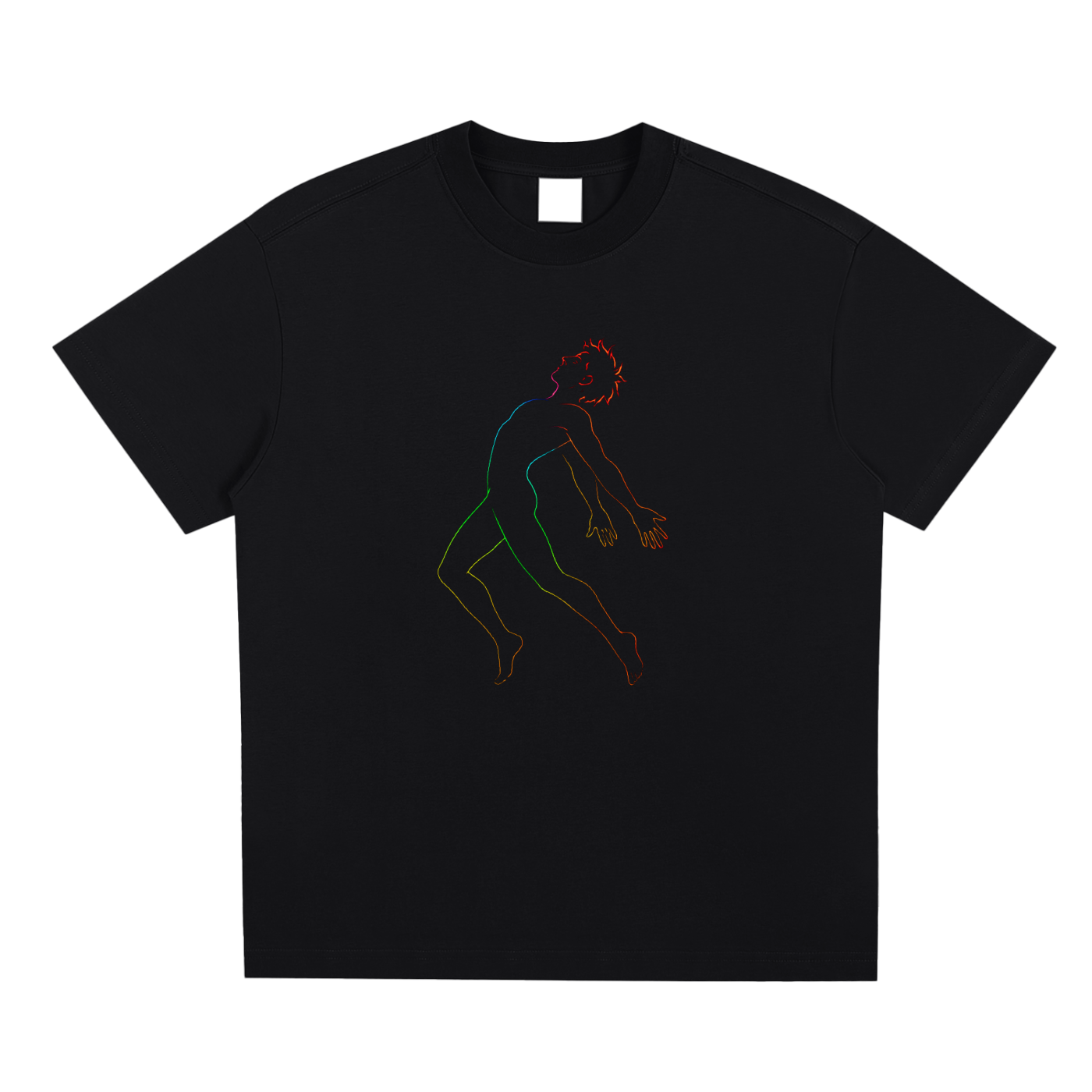 Front view of the black D2F Neon Anima (Male) T-shirt showing the neon-line male dancer graphic.