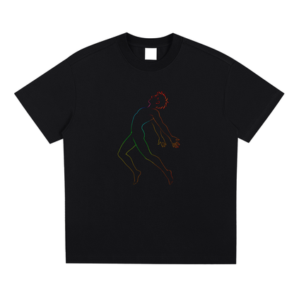 Front view of the black D2F Neon Anima (Male) T-shirt showing the neon-line male dancer graphic.