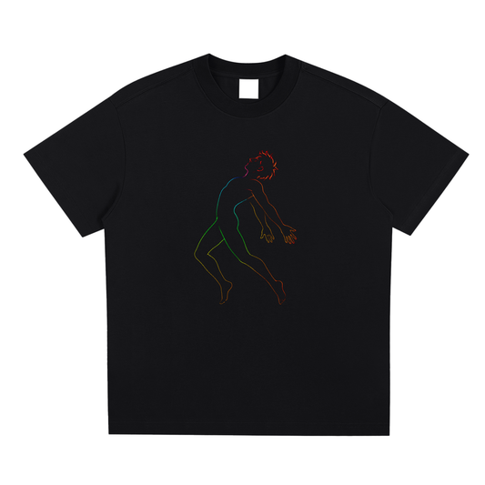 Front view of the black D2F Neon Anima (Male) T-shirt showing the neon-line male dancer graphic.
