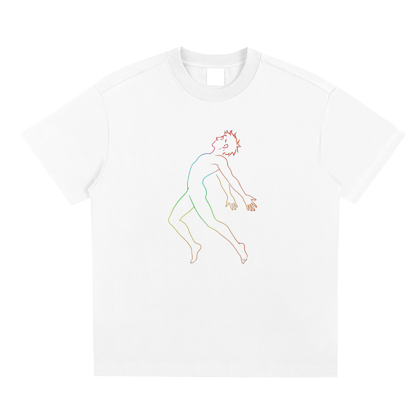 Front view of the white D2F Neon Anima (Male) T-shirt showing the neon-line male dancer graphic.