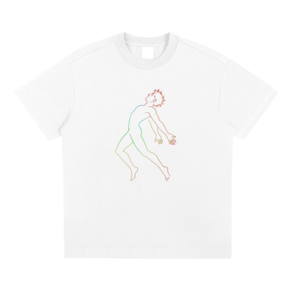 Front view of the white D2F Neon Anima (Male) T-shirt showing the neon-line male dancer graphic.