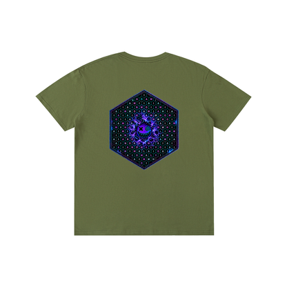Hexagonk Anomaly Code Side Quest Graphic Tee in Army Green, back view