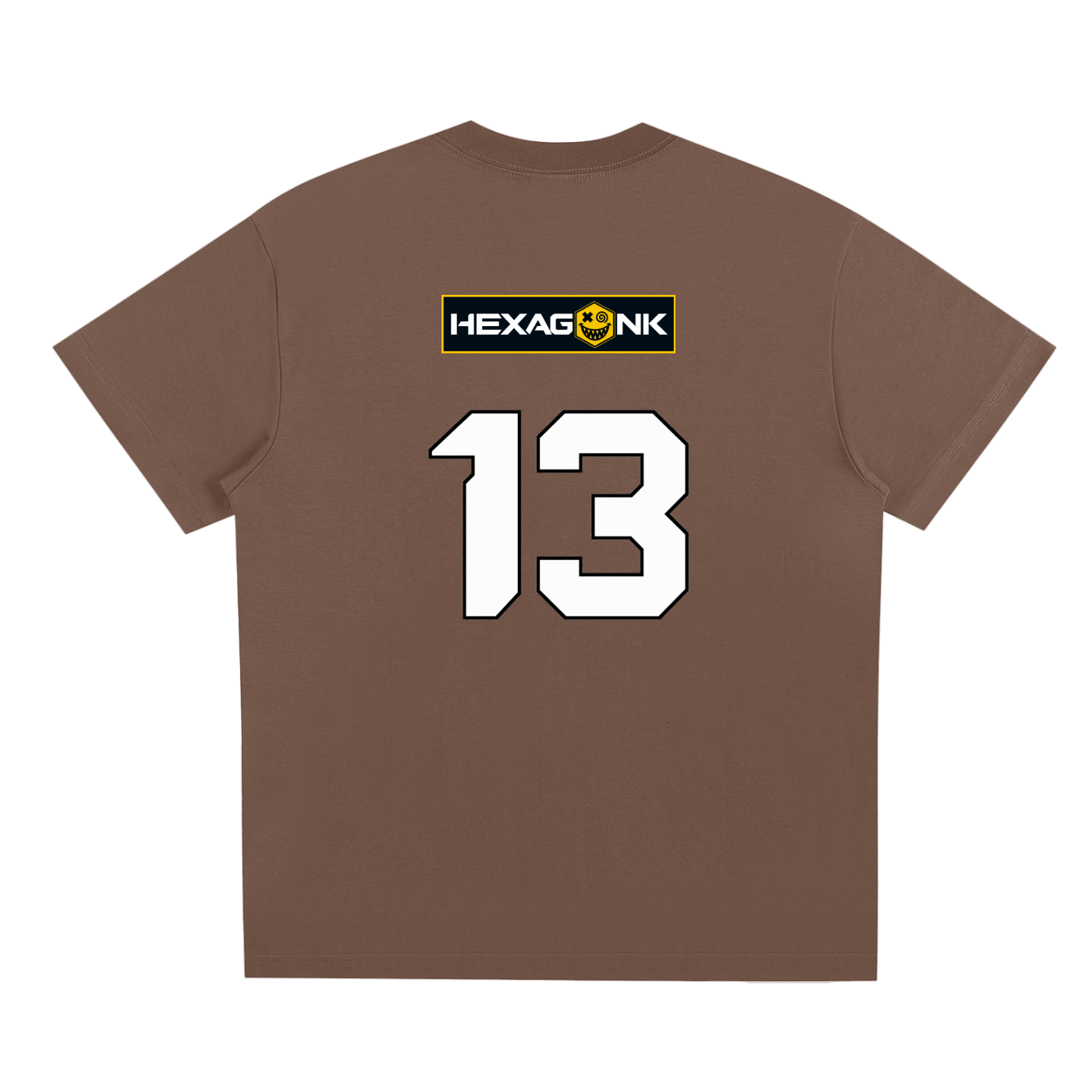 Chapter II — Overload: Number 13 Two-Sided Graphic Tee in Brown, back view