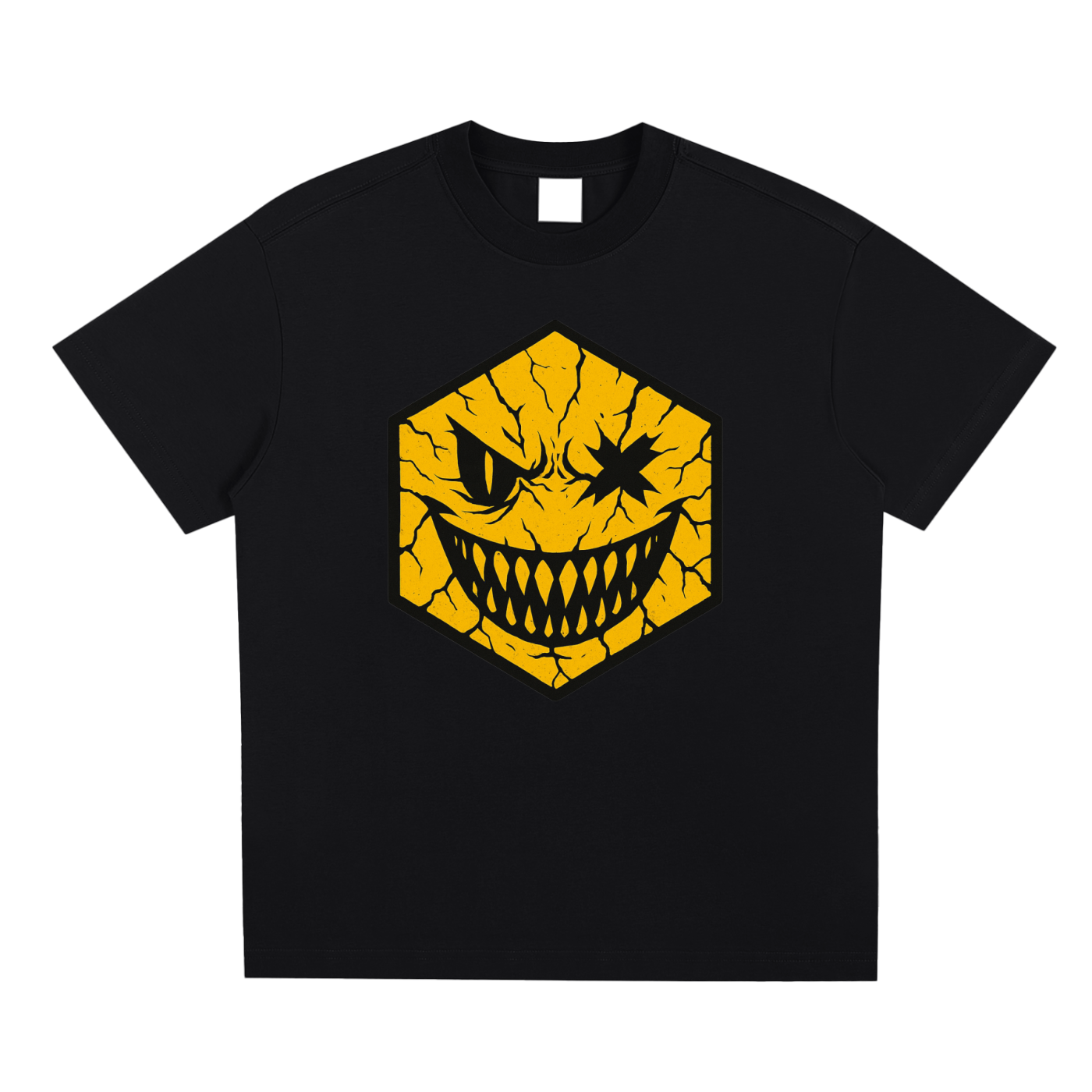 Hexagonk broken face graphic tee showing a cracked yellow hexagon character with jagged teeth and sinister eyes