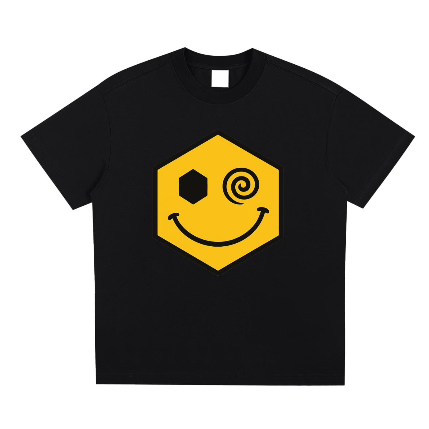 Hexagonk confused face graphic tee with one hexagon eye and one spiral eye, smiling in a playful hypnotic style