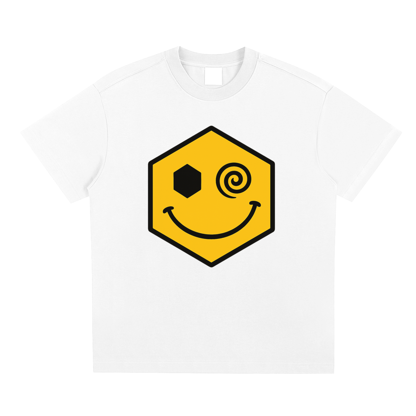 Hexagonk confused face graphic tee with one hexagon eye and one spiral eye, smiling in a playful hypnotic style