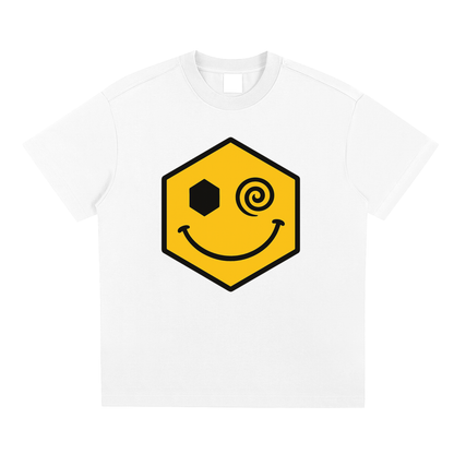Hexagonk confused face graphic tee with one hexagon eye and one spiral eye, smiling in a playful hypnotic style