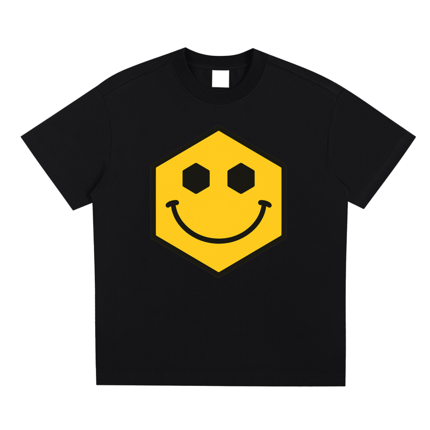 Hexagonk happy smile face graphic tee featuring a yellow hexagon character with a simple smiling expression