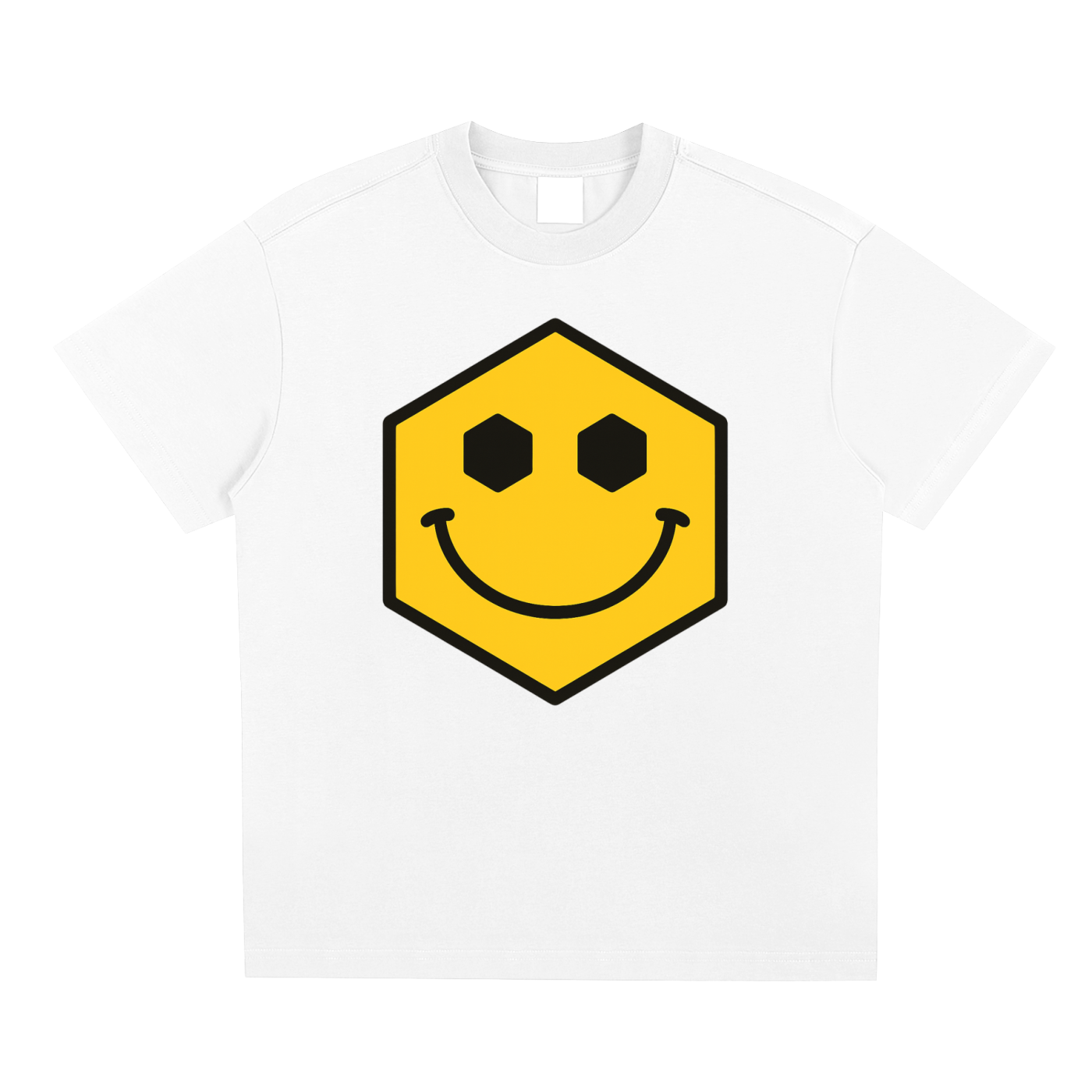 Hexagonk happy smile face graphic tee featuring a yellow hexagon character with a simple smiling expression