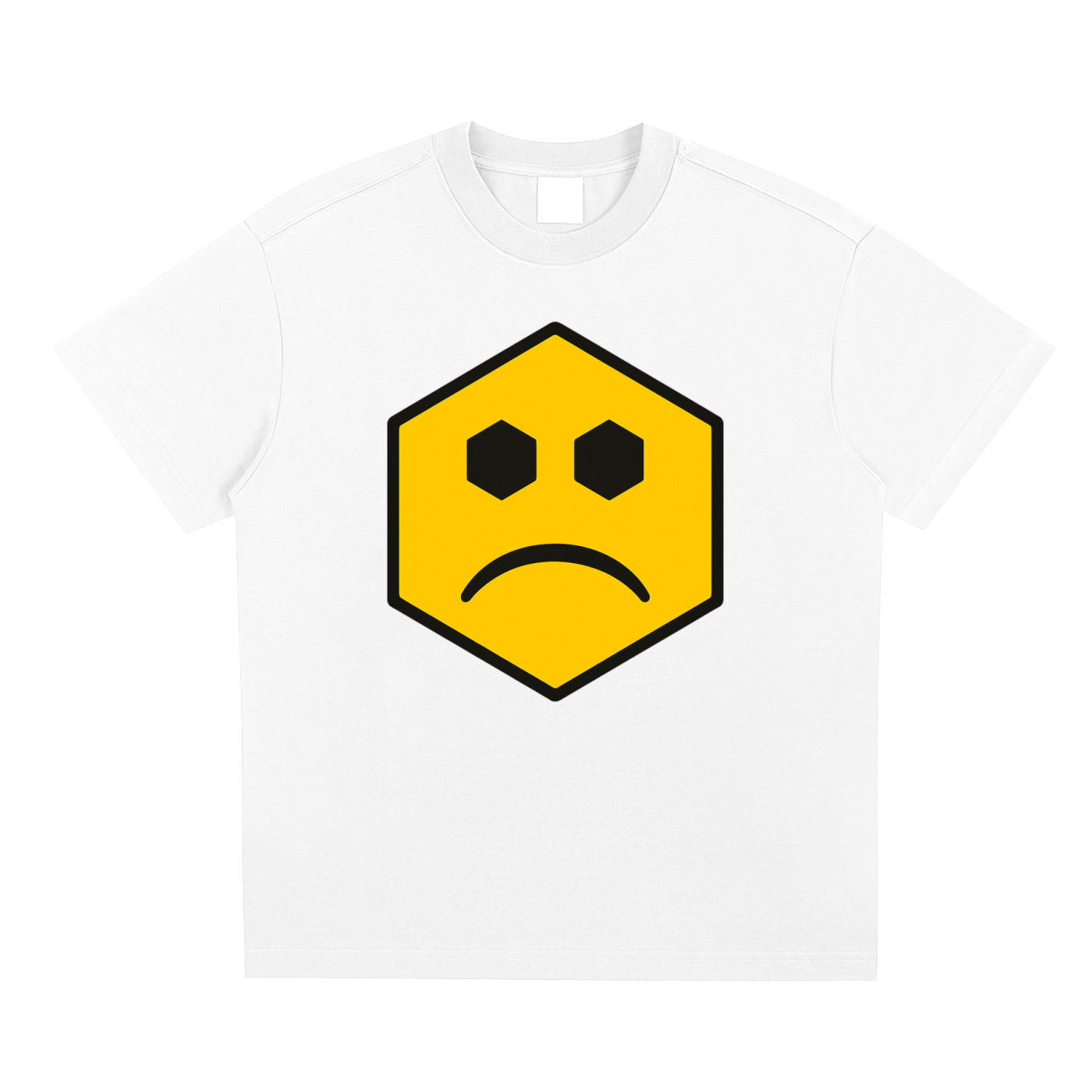 Hexagonk sad face graphic tee showing a yellow hexagon character with a downturned mouth and neutral eyes