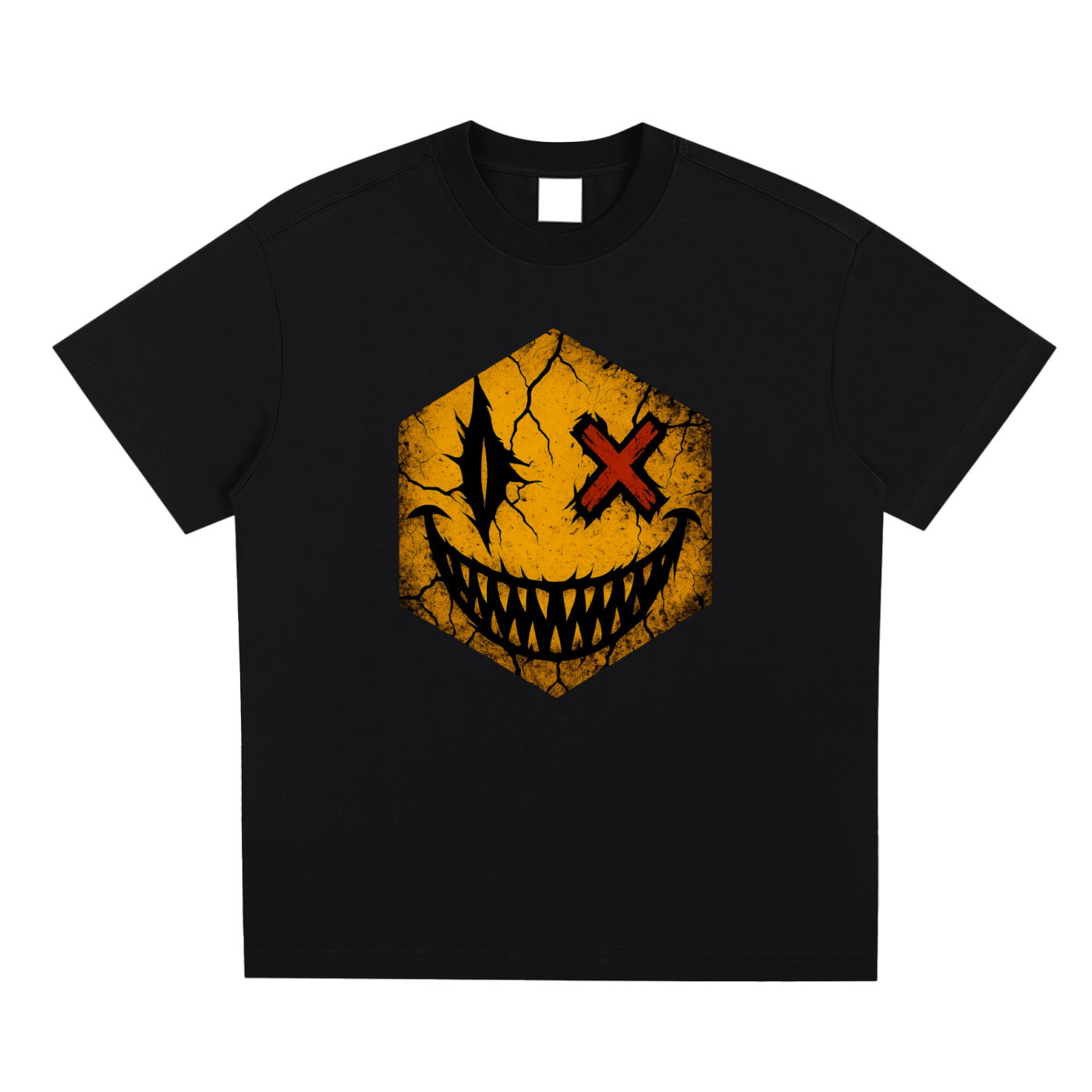 Hexagonk ultra evil face graphic tee featuring a heavily cracked yellow hexagon with sharp teeth and menacing eyes