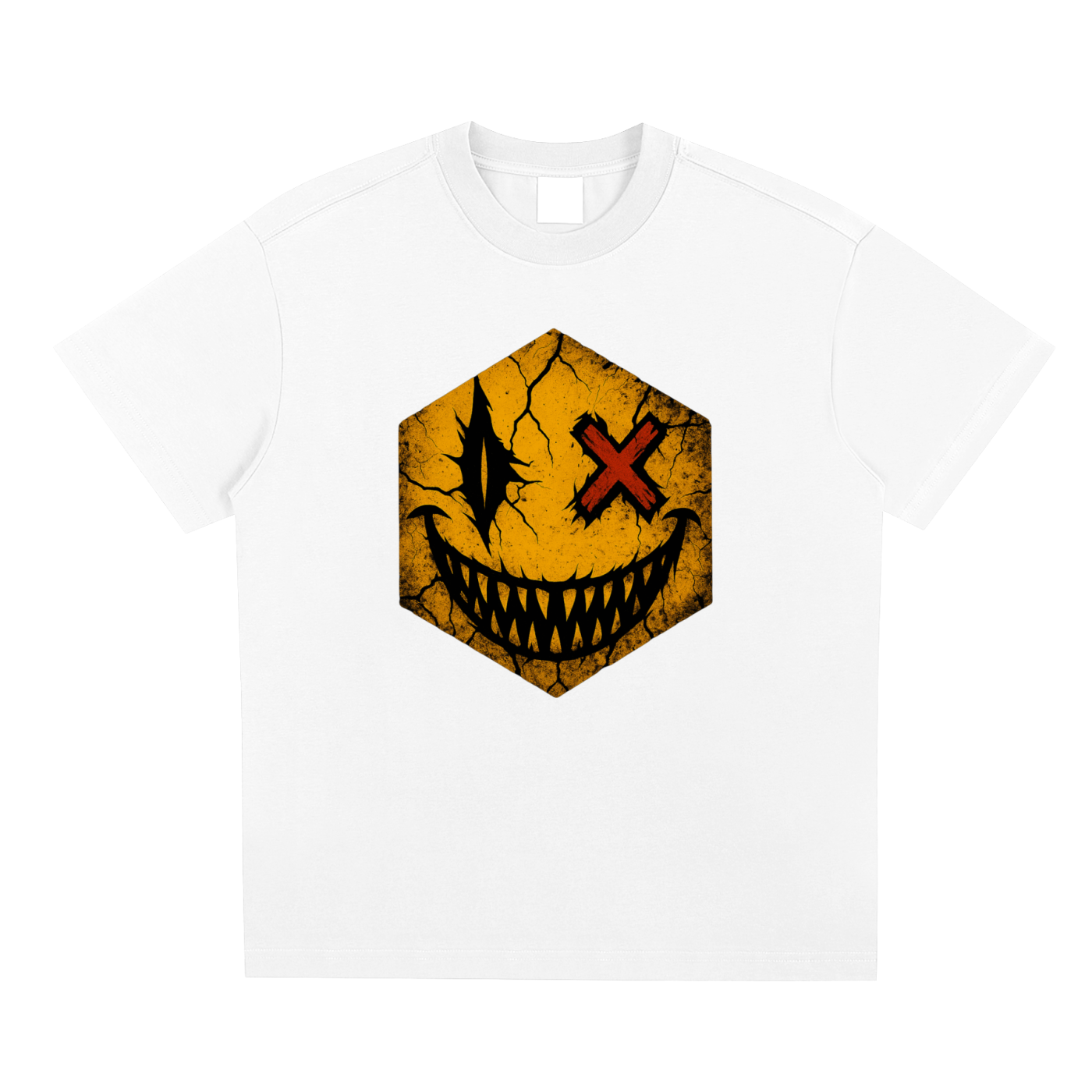 Hexagonk ultra evil face graphic tee featuring a heavily cracked yellow hexagon with sharp teeth and menacing eyes