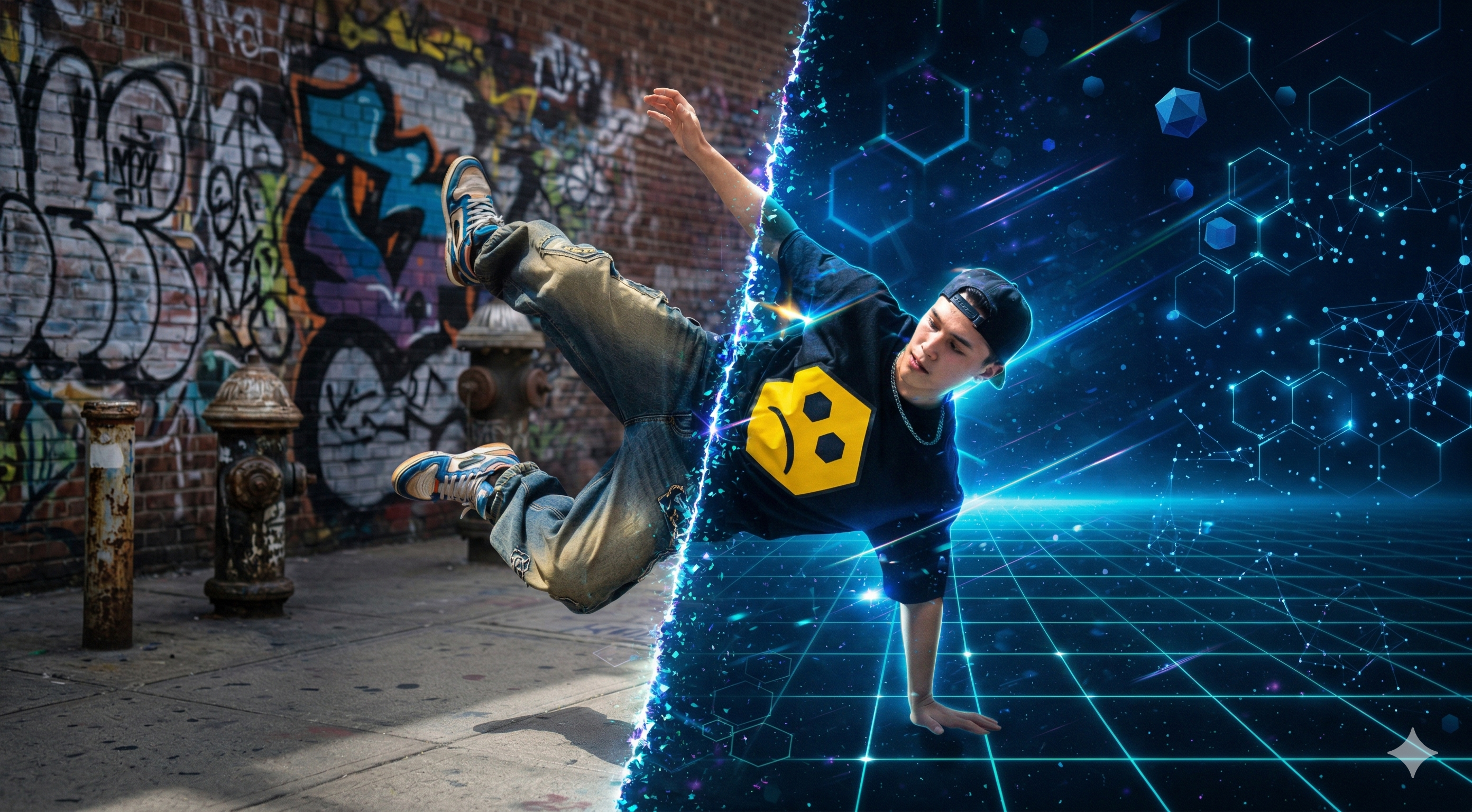 Person breakdancing in an urban setting with a digital overlay of a grid and starry sky.