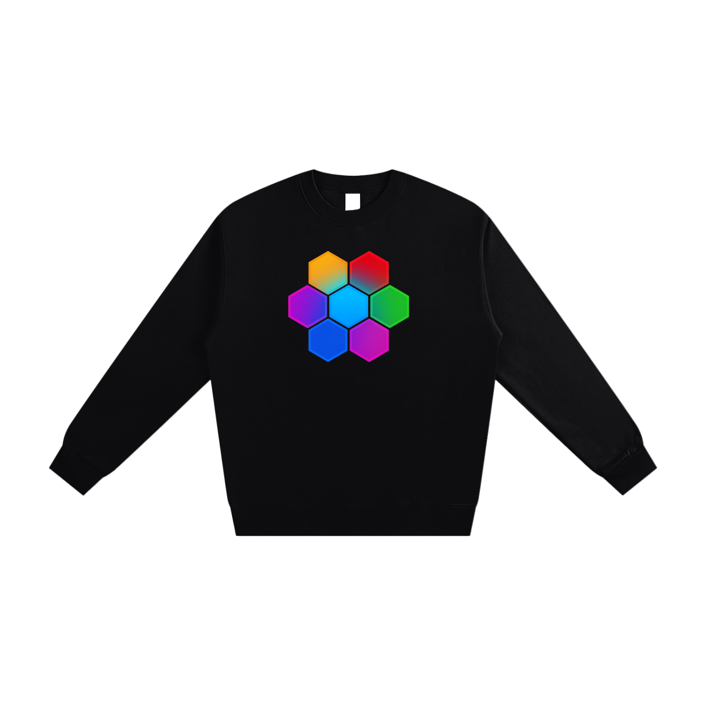 Black Omnificent Hex heavyweight sweatshirt with Omnificent colorful hex geometric design.