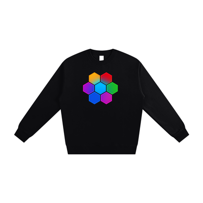 Black Omnificent Hex heavyweight sweatshirt with Omnificent colorful hex geometric design.