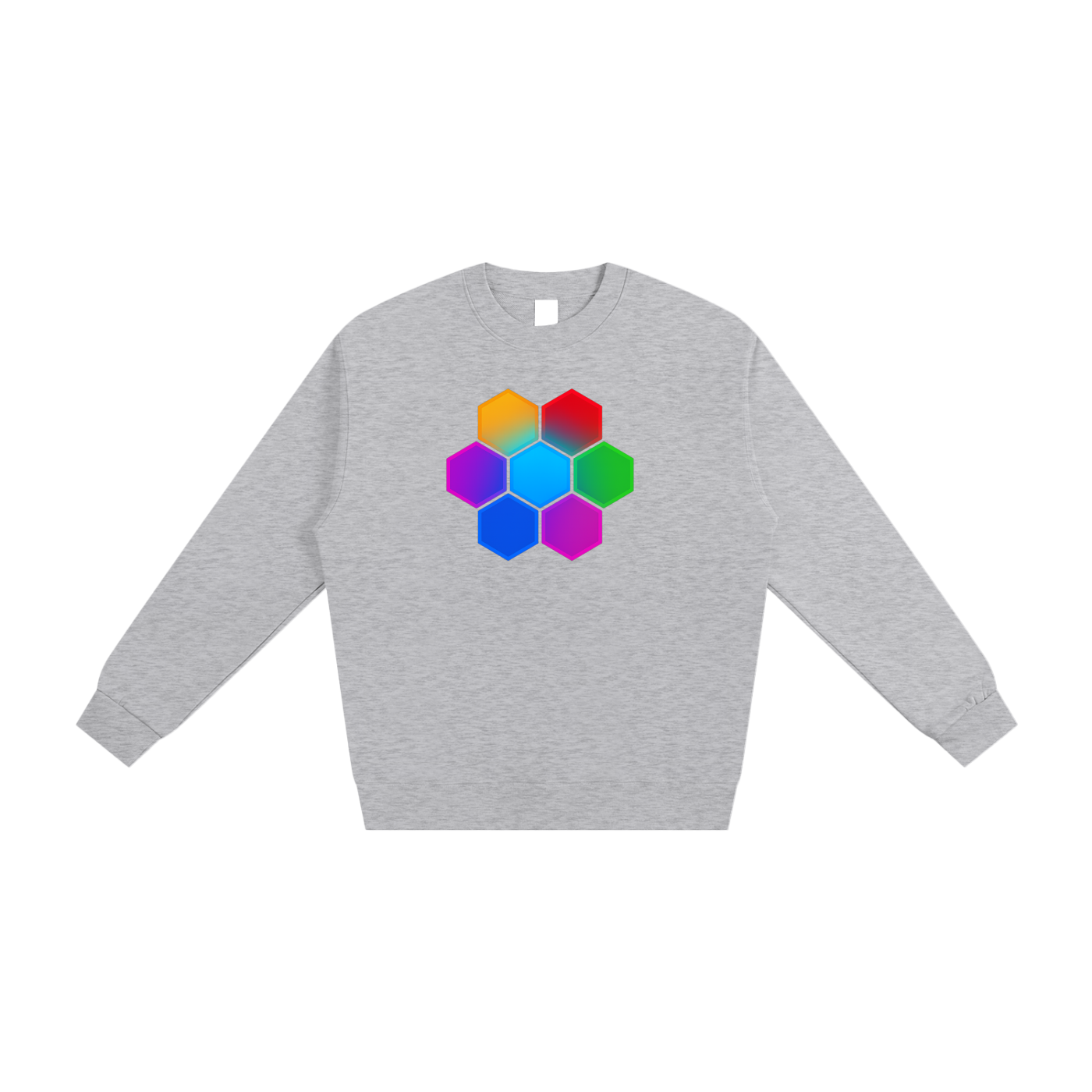 Gray Omnificent Hex heavyweight sweatshirt with Omnificent colorful hex geometric design.