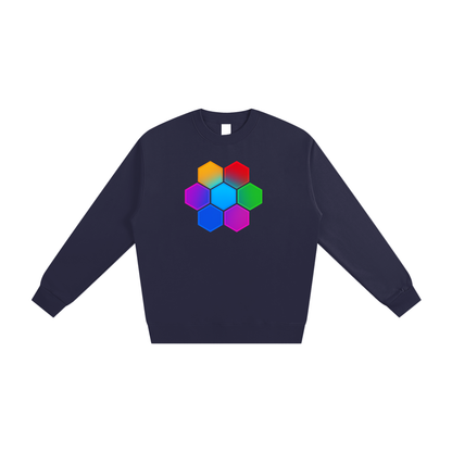Navy Omnificent Hex heavyweight sweatshirt with Omnificent colorful hex geometric design.
