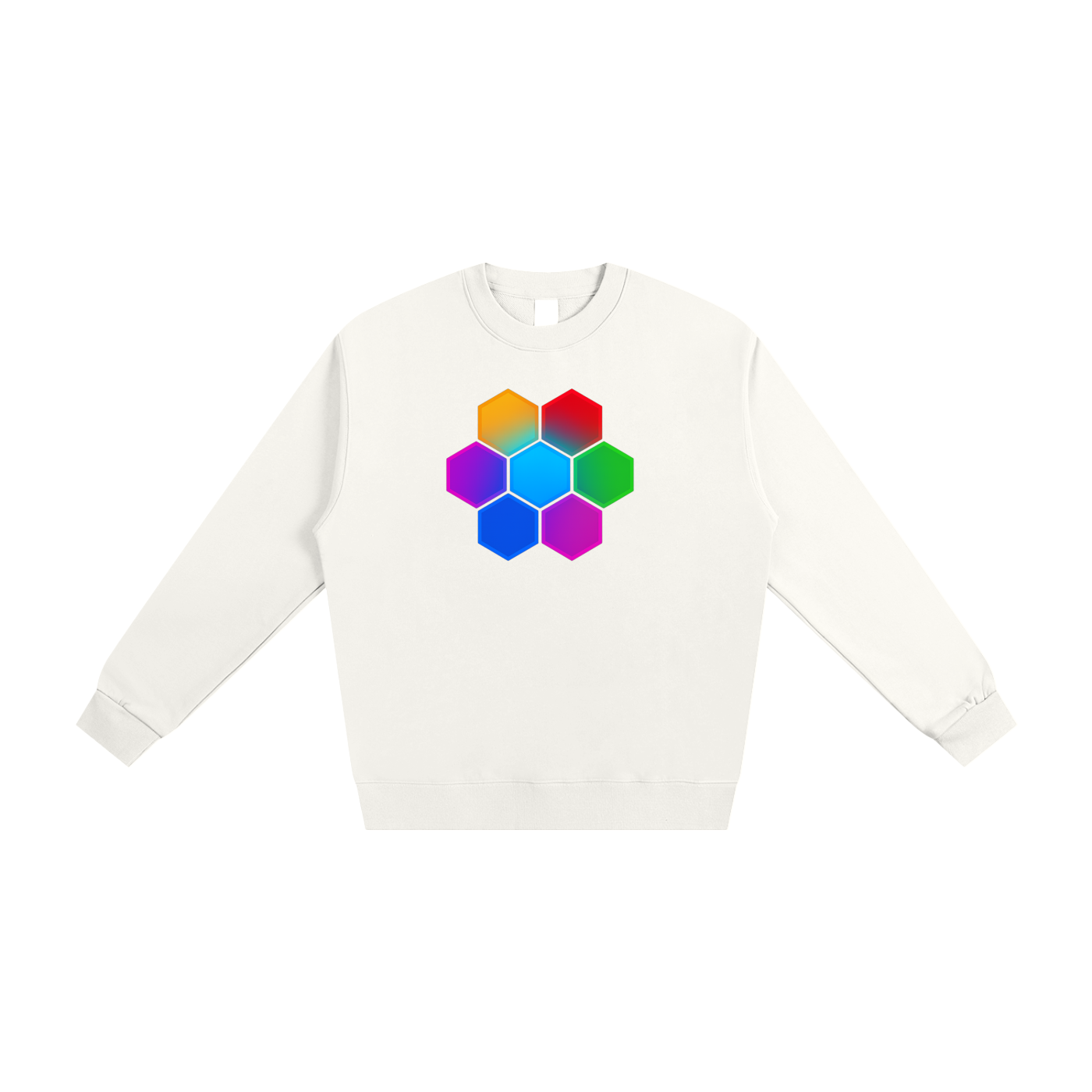 White Omnificent designs sweatshirt with a colorful geometric design 