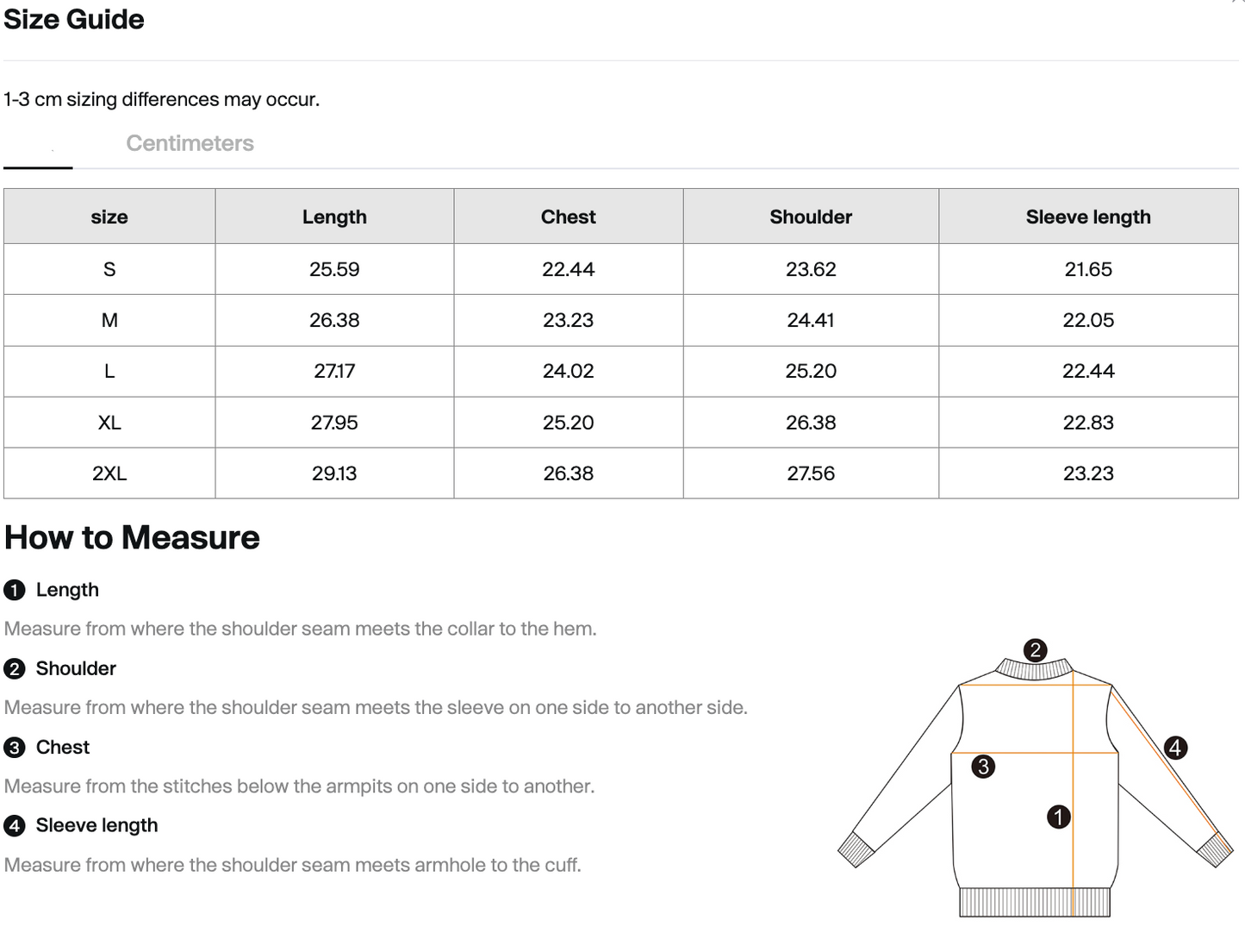 Size chart for om hex sweater with measurements in centimeters
