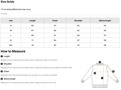 Size chart for om hex sweater with measurements in inches