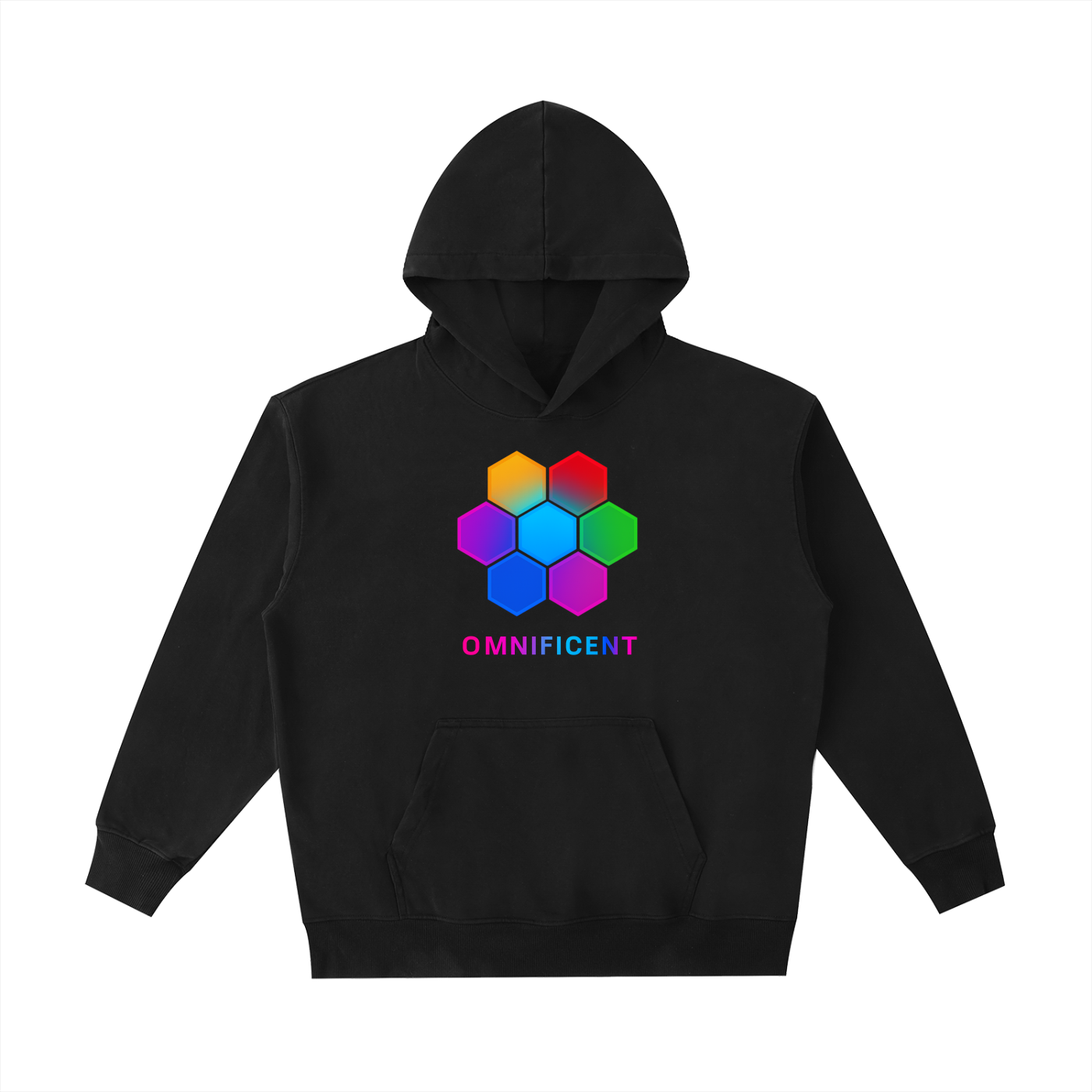 Vintage-washed black Omnificent hoodie with the multi-colour Om Hex emblem on the front and the neon gradient Omnificent logo.