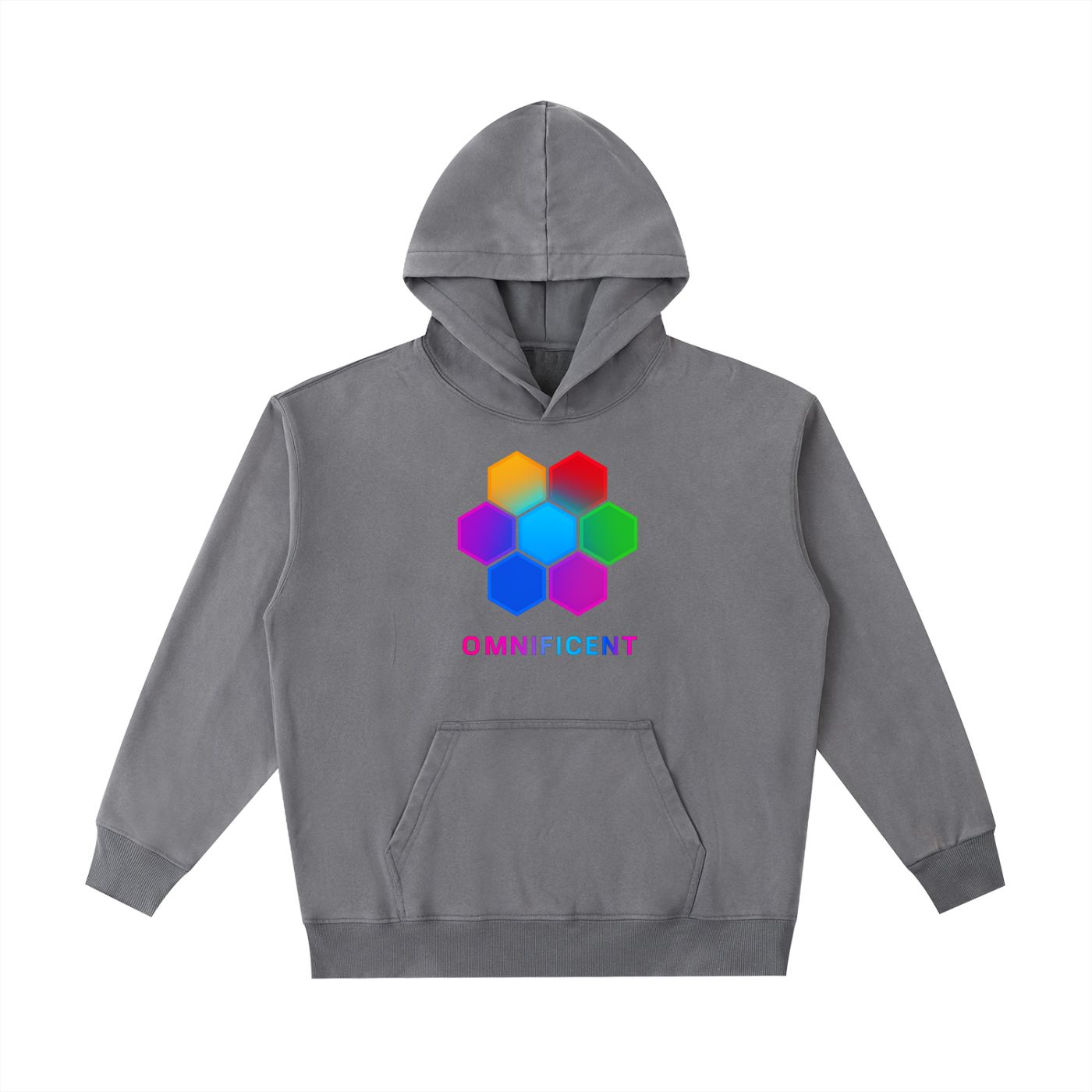 Vintage-washed dark gray Omnificent hoodie with the multi-colour Om Hex emblem on the front and the neon gradient Omnificent logo.