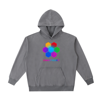 Vintage-washed dark gray Omnificent hoodie with the multi-colour Om Hex emblem on the front and the neon gradient Omnificent logo.