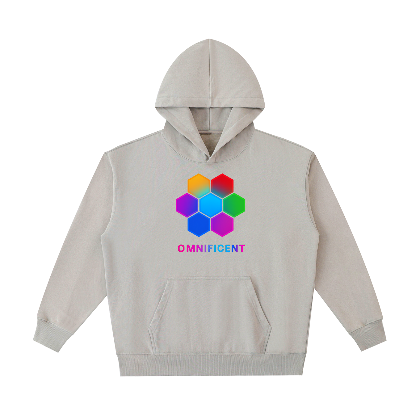 Vintage-washed light gray Omnificent hoodie with the multi-colour Om Hex emblem on the front and the neon gradient Omnificent logo.