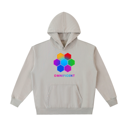 Vintage-washed light gray Omnificent hoodie with the multi-colour Om Hex emblem on the front and the neon gradient Omnificent logo.